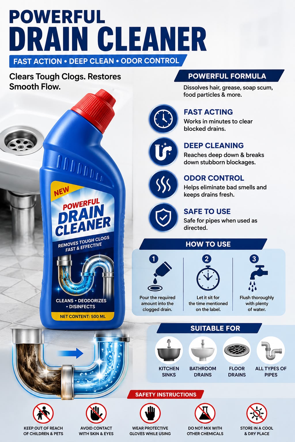 Powerful Drain Cleaner | Fast Clog Remover for Kitchen & Bathroom
